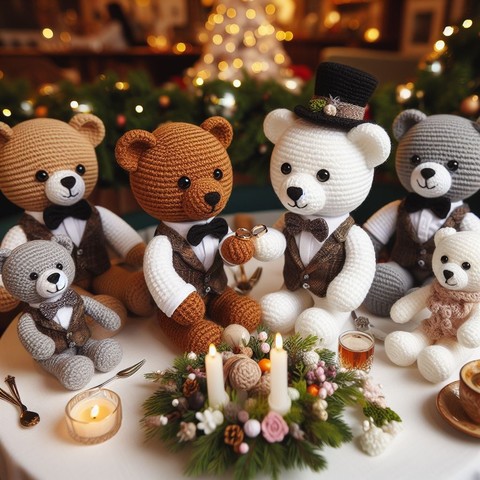 A pair of crochet male teddy bears, one brown and the other white, wearing stylish waistcoats, are exchanging wedding rings over a romantic dinner, there are four friends also different crochet animals celebrating. The restaurant is decorated for Christmas 