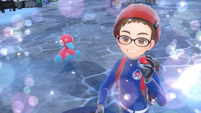 A screenshot from Pokemon Violet of a Porygon2 and their trainer.