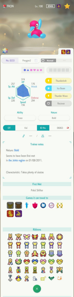 A merged screenshot Pokemon HOME featuring a Porygon2's summary, including every mark and ribbon they obtained so far.