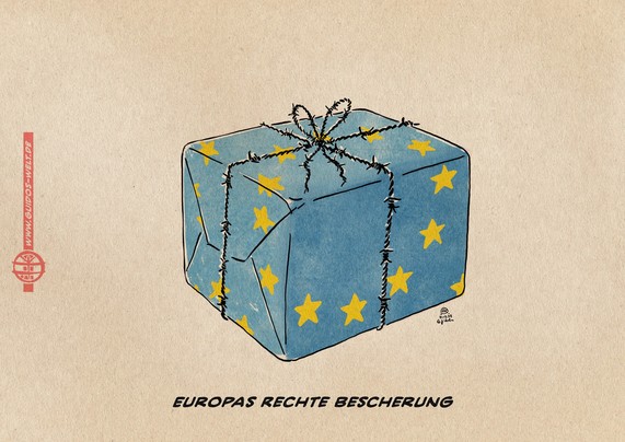 Illustration: Ein Geschenk in EU-Papier eingeschlagen und mit Stacheldraht  als Geschenkband. textzeile: Europas rechte Bescherung