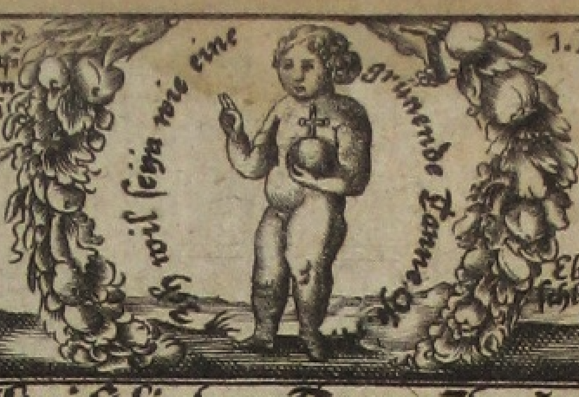 Detail des Titelblatts der Predigtsammlung "Geistlicher Tanne[n]baum, das ist Wahres Erkandtnis Christi" von 1693. (VD17 3122:718276N). ZU sehen ist ein nackter Junge, umrandet vom Bibelspruch: "Ich wil seÿn wie eine grünende Tanne"