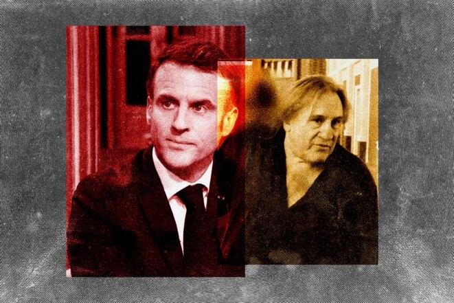 Emmanuel Macron et Gérard Depardieu. © Photo illustration Sébastien Calvet / Mediapart