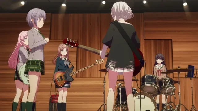Anon, Tomori, Soyo, Raana, and Taki in the studio from the anime series BanG Dream! It's MyGO!!!!!