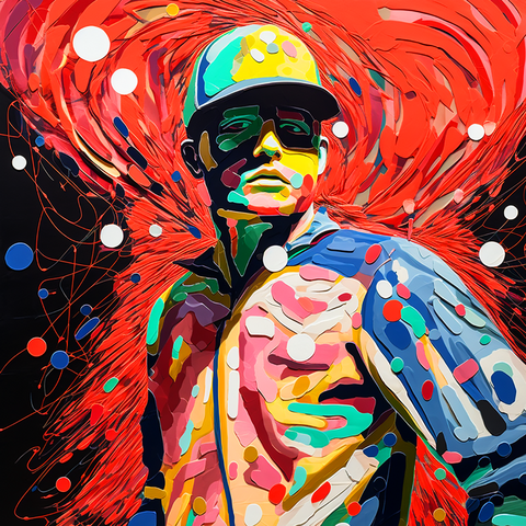 Vivid, colorful abstract of a figure in a baseball hat, with a swirling red background and contrasting white dots.
