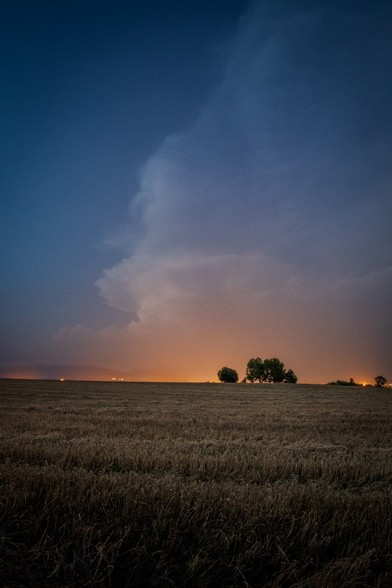 Se puede ver un paisaje en el que acaba de caer la noche, con un campo, algunos árboles en el horizonte y las luces de la ciudad atrás como si fueran fuego.

You can see a landscape in the first steps of nighttime with a field, some trees in the horizon and the back the lights of city as a some kind of fire.