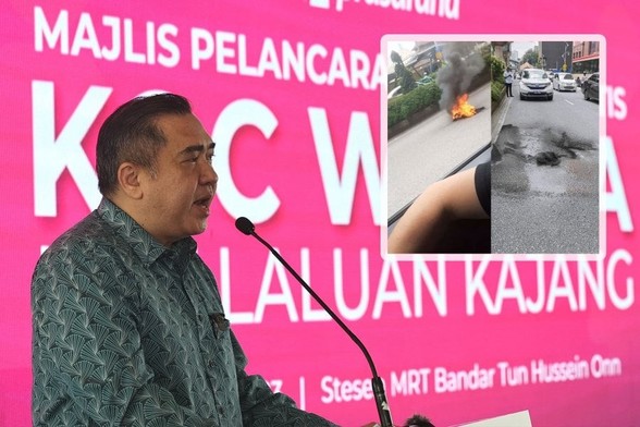 Minister of Transport, Anthony Loke, with an overlay of photo of burning tyre. / Photo from linked article.