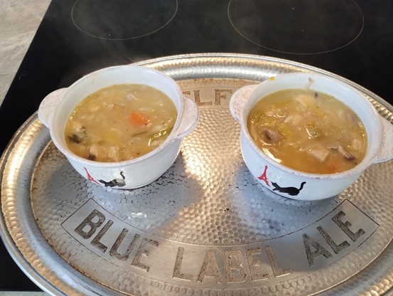 2 bowls of soup with chunks of turkey and vegetables, on a silver coloured tray.