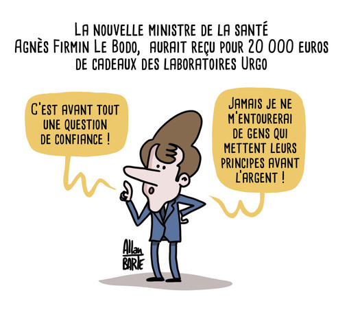 Titre: La nouvelle ministre de la santé Agnès Firmin Le Bodo,  aurait reçu pour 20 000 euros de cadeaux des laboratoires Urgo
Macron s'explique sur son choix
- C’est avant tout une question de confiance !- Jamais je ne m’entourerai de gens qui mettent leurs principes avant l’argent !