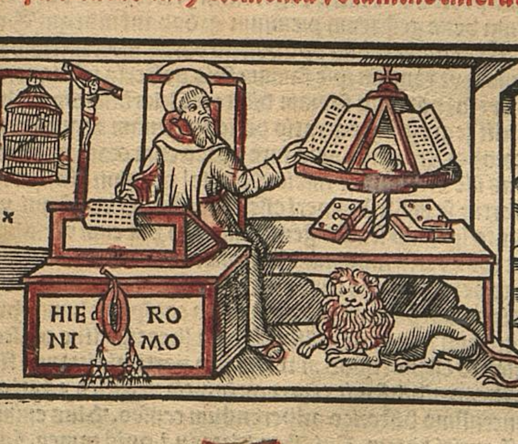 Detail from the titlepage of "Diui Hieronymi in vitas ..." (1512), https://digital.francke-halle.de/fsaad/content/titleinfo/388244 

Saint Jerome is working at his writing desk.