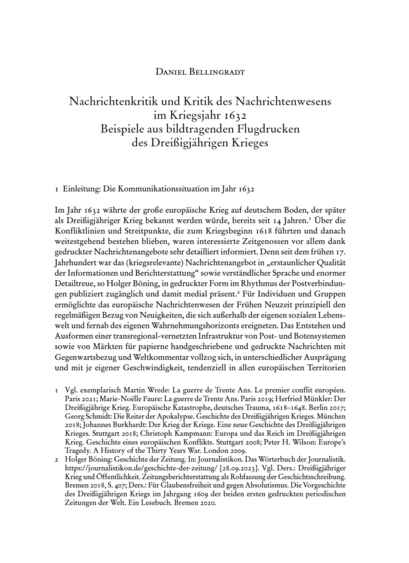 Titelseite des Aufsatzes: Daniel Bellingradt,  "Nachrichtenkritik und Kritik des Nachrichtenwesens im Kriegsjahr 1632. Beispiele aus bildtragenden Flugdrucken des Dreißigjährigen Krieges", in: Medium Buch 4 (2024), 137-169.