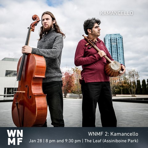 Kamancello duo poster includes the details of their upcoming performances in Winnipeg, Canada.