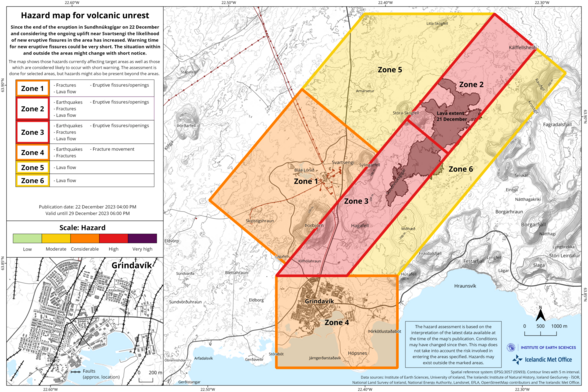 hazard map showing an area of volcanic unrest near the town of Grindavik Iceland