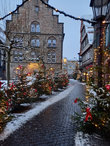 Festlich geschmückte Fußgängerzone der historischen Alsfelder Altstadt (Owwergass) mit vielen kleinen Weihnachtsbäumchen vor Weinhaus und Fachwerkhäusern.