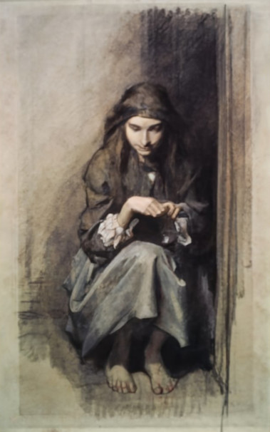 A poor Victorian beggar girl takes shelter in a doorway. Is she taking refuge from the weather or trying to find a place to rest?