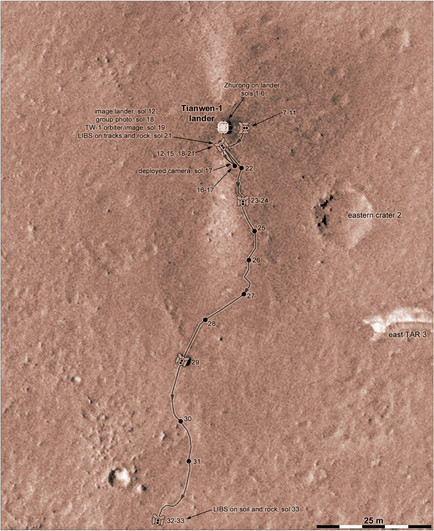This map shows the Tianwen-1 lander and the path of the Zhurong rover for its first month of operations on Mars.