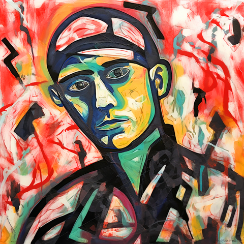 Vibrant abstract portrait with a stylized baseball player in green, blue, and yellow against a swirling red and white background.