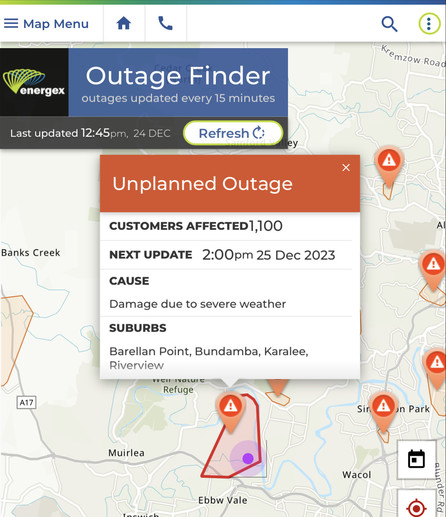 Energex outages map. Showing unplanned outage due to severe weather. The next update is due 2PM Christmas Day. 