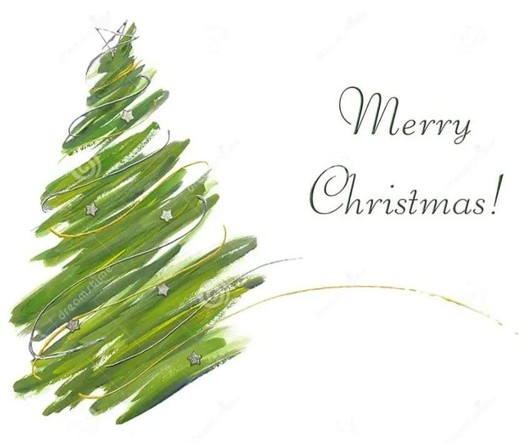 A drawing of a green Christmas tree and a Merry Christmas wish 