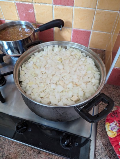 5kg of chopped white onions in a steel pan on a stovetop. The onions fill the pan. 