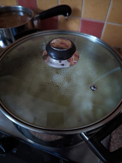 Chopped onions in a steel pan after 30min cooking. They no longer completely fill the pan. There's a long way to go yet. 