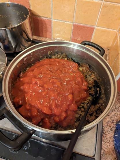 A steel pan with a lot of lentils, onions and tomatoes 