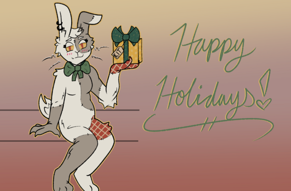 Image ID: A digital drawing of Vanny from FNAF. She is sitting down at a slight angle. Her right hand is resting on the seat and her left hand is holding up a wrapped present with a tag that says "KIT". She is giving a sweet smile and is blushing slightly. There is handwritten cursive text on the right that reads "Happy Holidays!" The color palette is red, green, pale white, and gold. End ID.