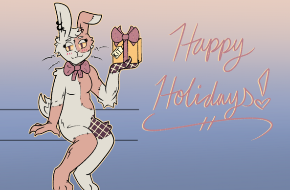 Image ID: A digital drawing of Vanny from FNAF. She is sitting down at a slight angle. Her right hand is resting on the seat and her left hand is holding up a wrapped present with a tag that says "KIT". She is giving a sweet smile and is blushing slightly. There is handwritten cursive text on the right that reads "Happy Holidays!" The color palette is pale purple, pale pink, dark purple, light blue, and gold. End ID.