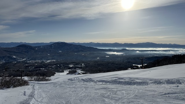 View overlooking Alpen Blick Snow Resort and Lake Nojiri beyond.