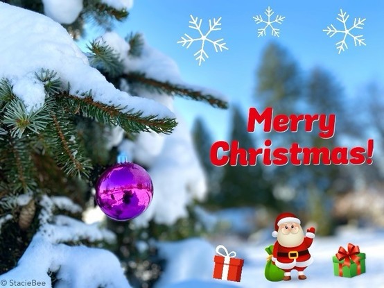 Horizontal view focused on the left on a purple shiny decoration hanging on a snowy evergreen tree in a park. Blue sky, blurry trees, and snow in the background on the right. Cartoon white snowflakes added on top right. Red text “Merry Christmas!” added beneath the snowflakes. Red cartoon gift with white ribbon, cartoon Santa waving, and green cartoon gift with red ribbon added on the bottom right side.

Picture taken on December 31, 2021