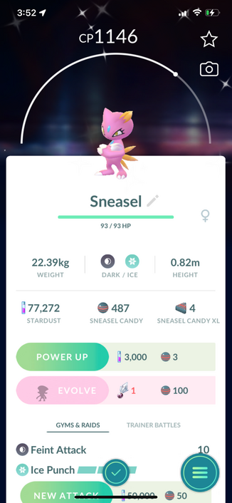 Screenshot from Pokémon GO showing a shiny Sneasel just captured