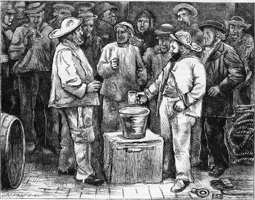 Hier wird der Grog im Eimer angerichtet - 
zeitgenössische Illustration in "Aboard Ship" von Charles Dickens