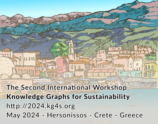 The town of Hersonissos drawn manually with a text saying: The Second International Workshop Knowledge Graphs for Sustainability https://2024.kg4s.org May 2024 - Hersonissos - Crete - Greece.