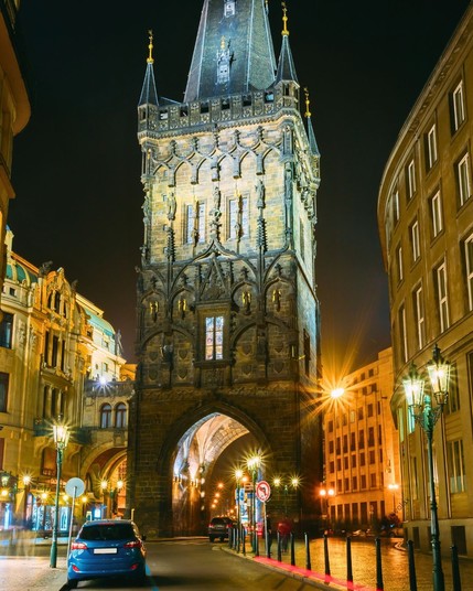 The night view of the Powder Tower in Prague, Czech Republic