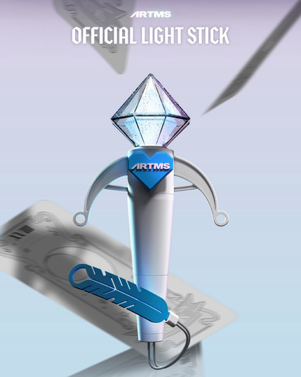 promo poster for the artms cheering lightstick.
it is a white lightstick with blue accents. the white handle is shaped like a crossbow and the glowing top part (the arrow in the crossbow) is shaped like a diamond. 
the handle also carries a blue heart with the ARTMS logo.