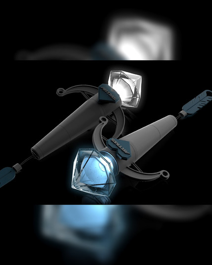 promo poster for the artms cheering lightstick.
it is a white lightstick with blue accents. the white handle is shaped like a crossbow and the glowing top part (the arrow in the crossbow) is shaped like a diamond. 
the handle also carries a blue heart with the ARTMS logo.