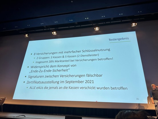 • 8 Versicherungen mit mehrfacher Schlüsselnutzung
• 2 Gruppen: 3 Kassen & 5 Kassen (2 Dienstleister)
• Insgesamt 28% Marktanteil bei Versicherungen betroffen!
• Widerspricht dem Konzept von „Ende-Zu-Ende-Sicherheit"
• Signaturen zwischen Versicherungen fälschbar
• Zertifikatsausstellung im September 2021
• ALLE eAUs die jemals an die Kassen verschickt wurden betroffen