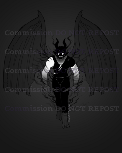 a digital sketch of a demon in black, ripped clothing, smoke emanating from his body, his face is darkened but you can see sharp teeth and four eyes.