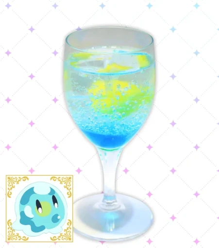 A round glass drink that looks like Ralaire, the cute little slime.