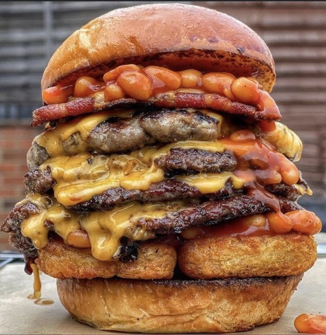Quadruple Cheeseburger with Hash Browns, Bacon and Baked Beans