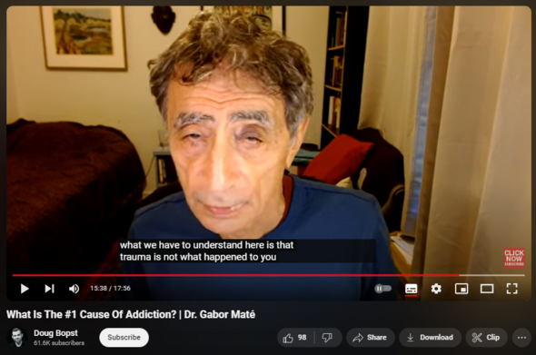 https://www.youtube.com/watch?v=fNplzwAH-Gk
What Is The #1 Cause Of Addiction? | Dr. Gabor Maté


2,159 views  27 Dec 2023
In this short clip with Dr. Gabor Maté he reveals the #1 cause of addiction, how to prevent addiction, the impact of trauma and more. 

Check out the full interview I did with Dr. Gabor Maté:   

 • Divorce Lawyer James Sexton On Love, ...