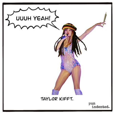 Ein Bild von Taylor Swift mit Reggae-Mütze auf dem Kopf, Rastafrisur und Joint in der Hand. Bildunterschrift: Taylor kifft.
