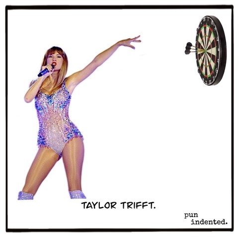 Ein Bild von Taylor Swift, die Wurfpfeile auf eine Dartscheibe wirft. Bildunterschrift: Taylor trifft.