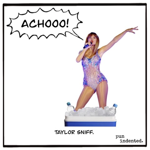 Ein Bild von Taylor Swift, die in einer Box voller Eiswürfel steht und laut niest. Bildunterschrift: Taylor Sniff.
