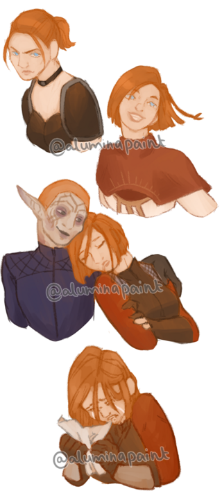 several artworks of Leliana from Dragon Age, in the middle she leans against Warden Mahariel.