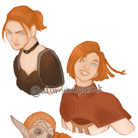A closer look at the first two artworks of Leliana. In the first, Leliana's hair is tied back and she looks serious. In the second, she is smiling.