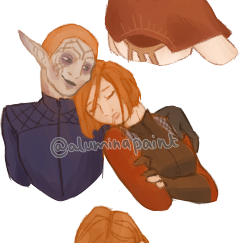 A closer look at the artwork of Leliana leaning against Warden Mahariel's shoulder. Leliana is asleep and drooling. Mahariel's hand is around Leliana's shoulder.