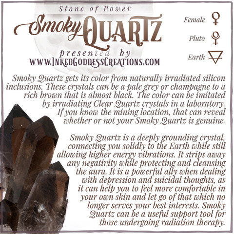 A graphic about Smoky Quartz featuring a photo of the mineral, from Inked Goddess Creations.