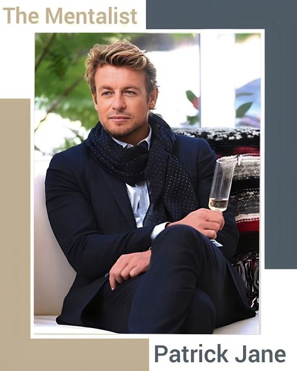 Promotional image for "The Mentalist" featuring Patrick Jane character (Simon Baker) in a suit, with a scarf, holding a glass of champagne. Text includes "The Mentalist" and "Patrick Jane."