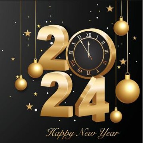 Hägende Kugeln, einige kleine Sterne dazwischen, die Zahl 2024, wobei die Null eine Uhr ist auf der es 5 min vor 24 Uhr ist. Darunter steht in kleinen Buchstaben Happy New Year. Alles in Gold gehalten auf schwarzem Hintergrund.