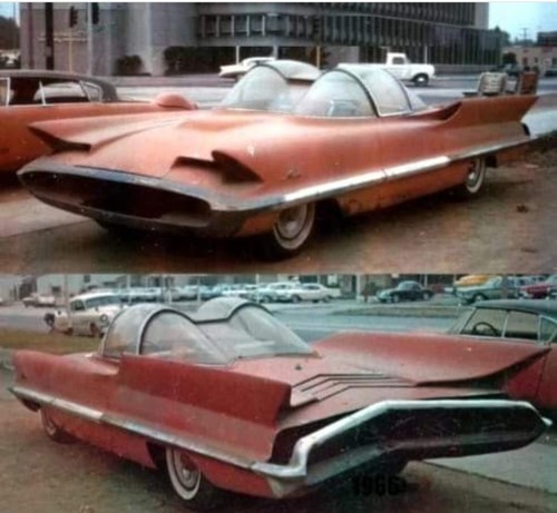 Two views (front driver angle and rear passenger angle) of a 1955 Lincoln Futura concept car, which also went on to become the Batmobile. It has the iconic windows on top of the seat areas, but it is rusty looking and a worn shade of brick red. George Barris used the car as a basis for his Batmobile design.